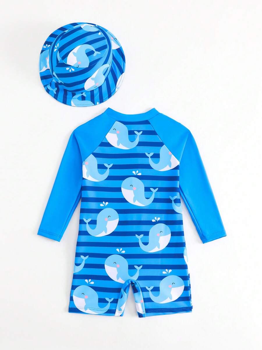 Baby Shark & Whale Print Long Sleeve Zipper Rash Guard Swimsuit with Matching Hat