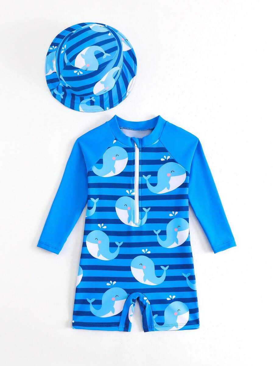 Baby Shark & Whale Print Long Sleeve Zipper Rash Guard Swimsuit with Matching Hat