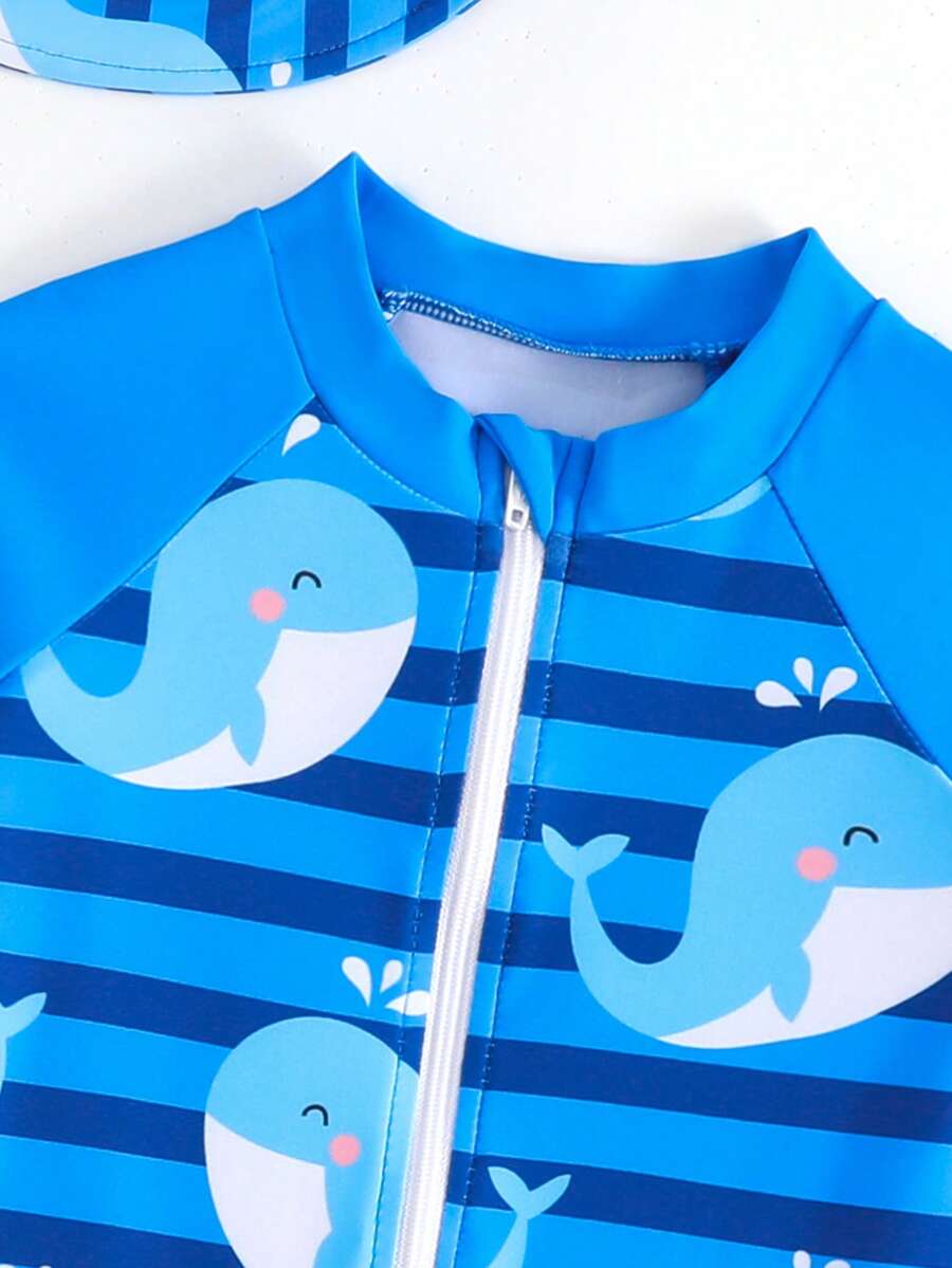 Baby Shark & Whale Print Long Sleeve Zipper Rash Guard Swimsuit with Matching Hat