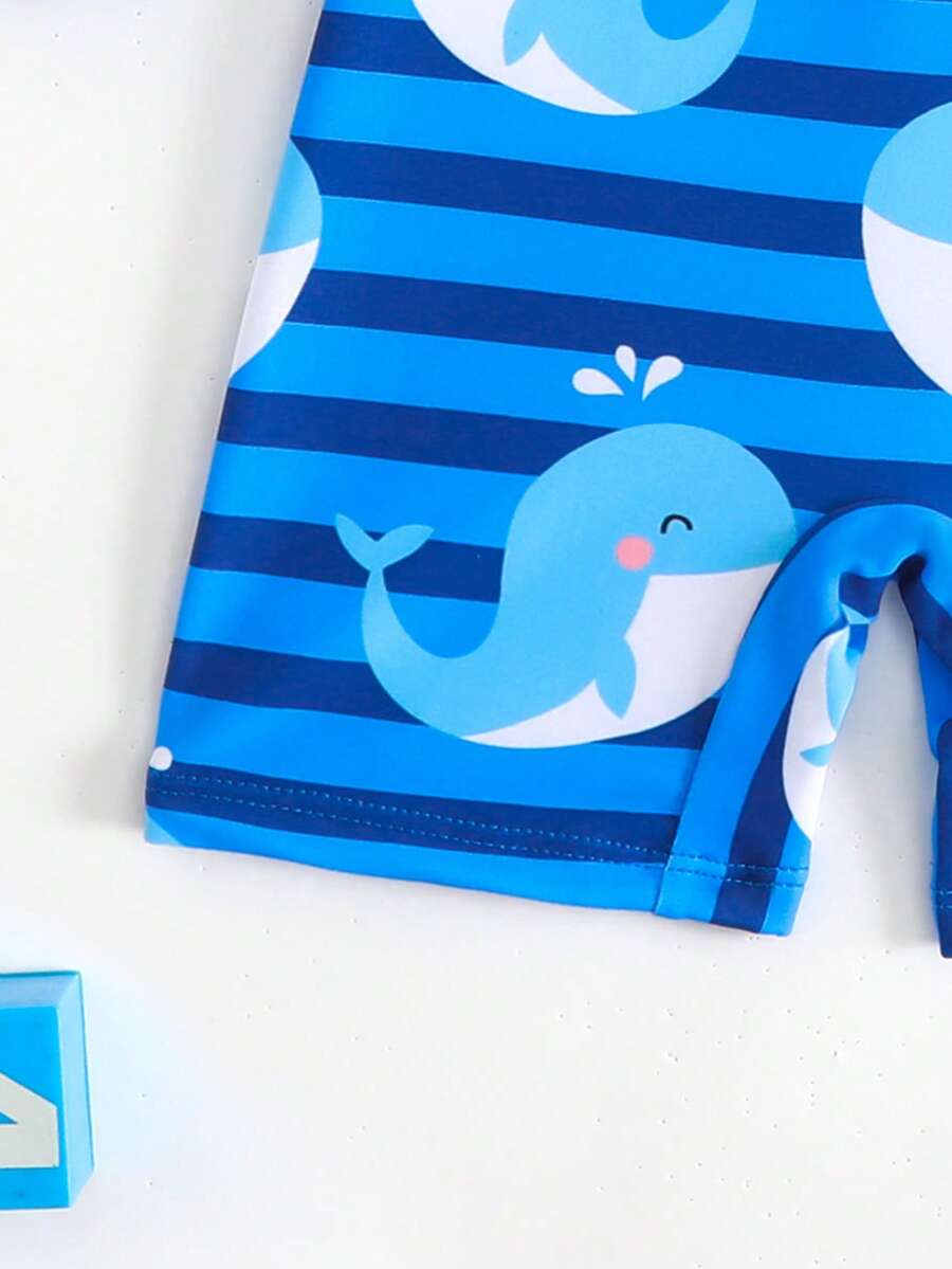 Baby Shark & Whale Print Long Sleeve Zipper Rash Guard Swimsuit with Matching Hat