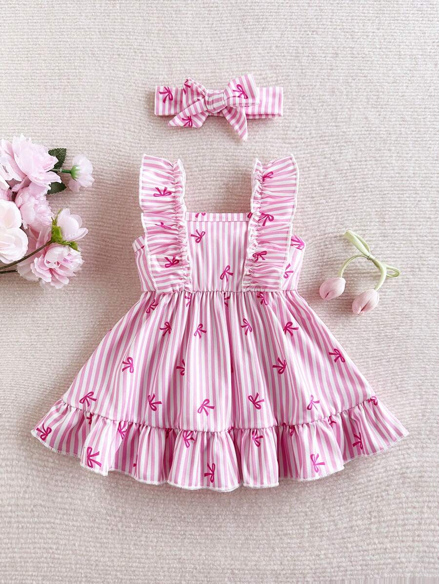 2PCS Baby Strawberry Plaid Dress and Bow Headband Set for Cute Spring and Summer Outings
