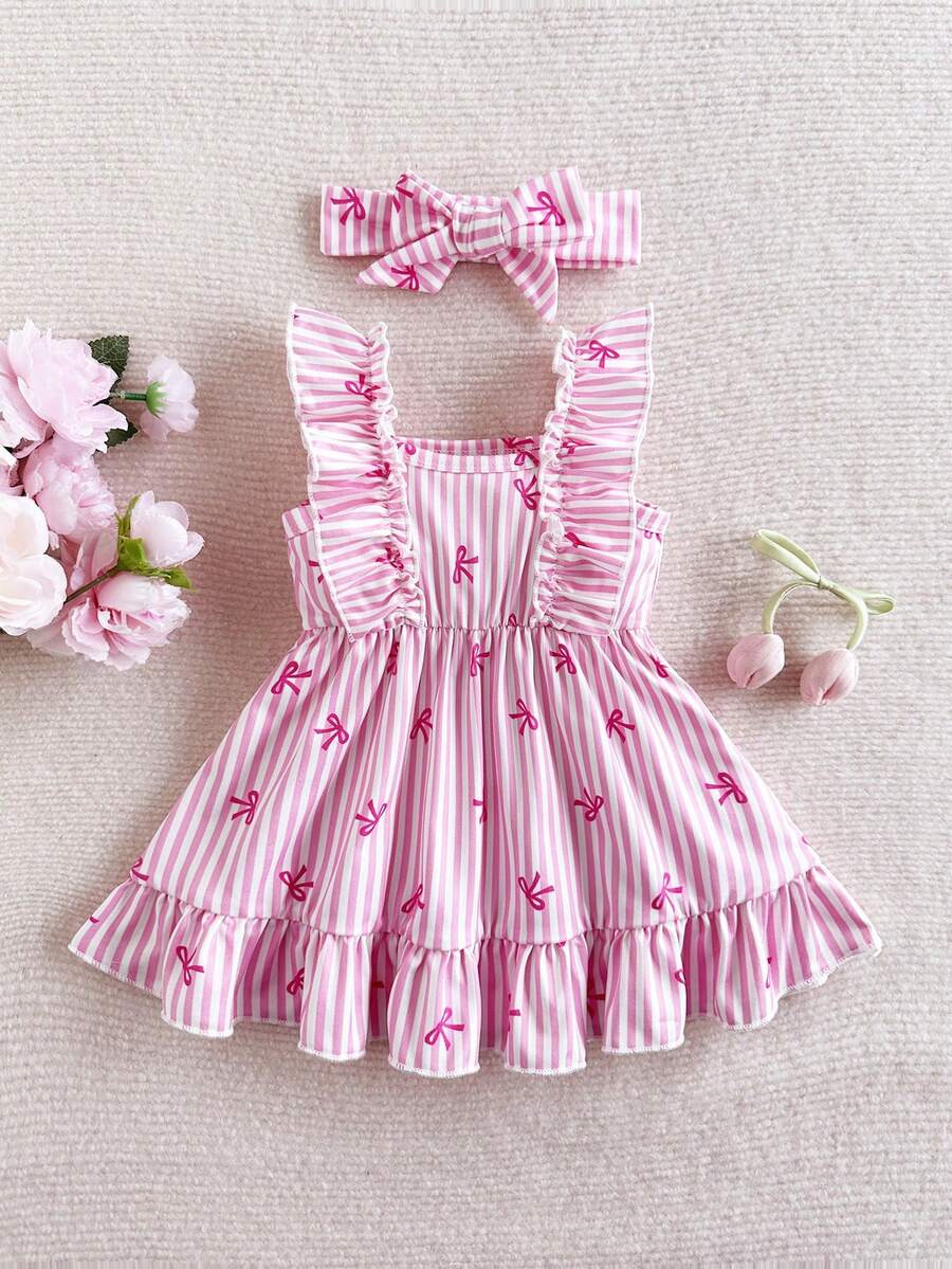 2PCS Baby Strawberry Plaid Dress and Bow Headband Set for Cute Spring and Summer Outings