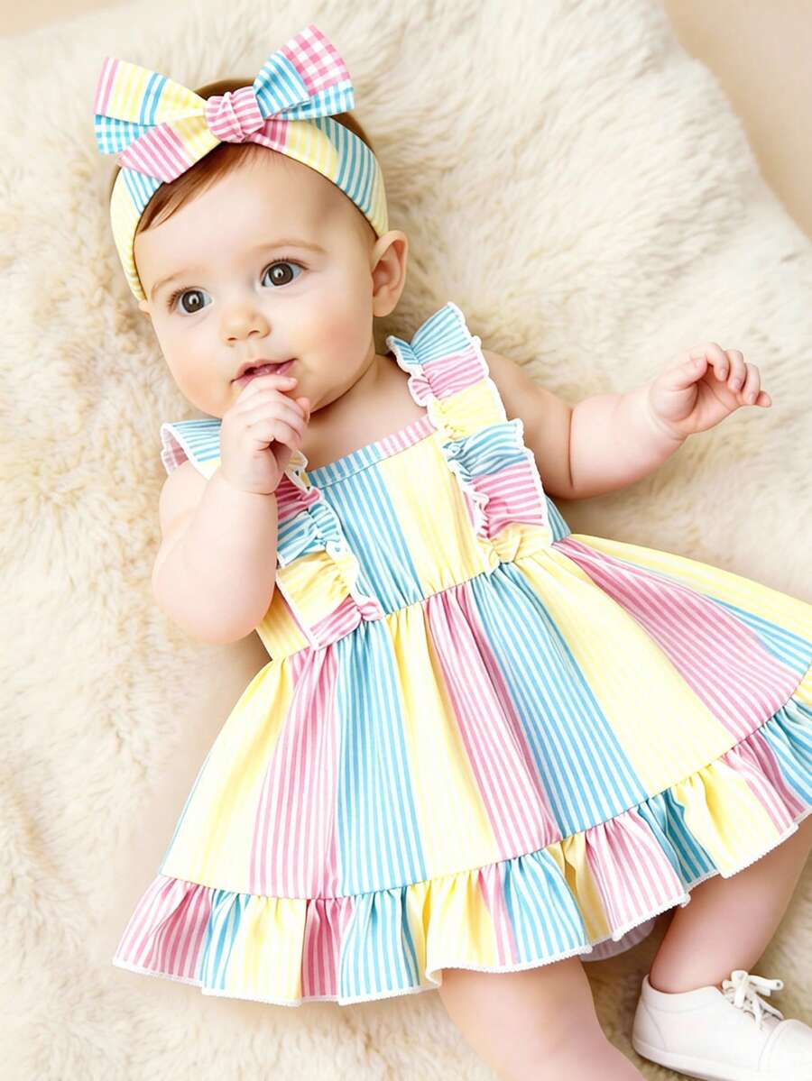2PCS Baby Strawberry Plaid Dress and Bow Headband Set for Cute Spring and Summer Outings