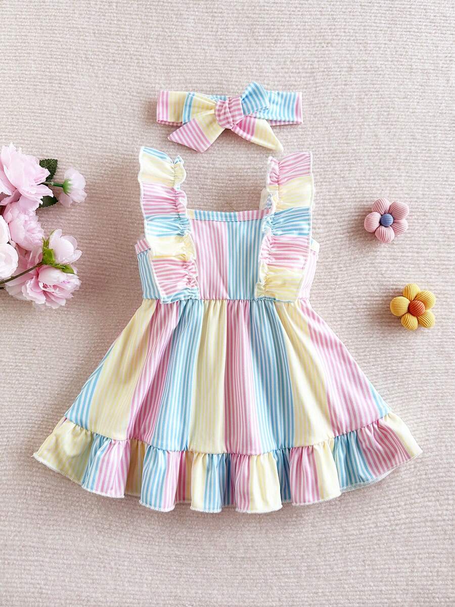 2PCS Baby Strawberry Plaid Dress and Bow Headband Set for Cute Spring and Summer Outings