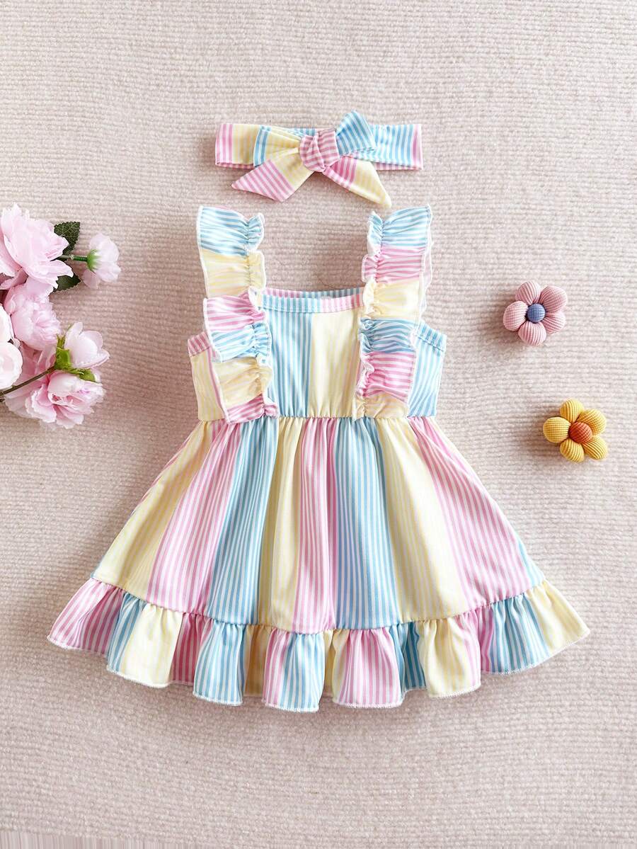 2PCS Baby Strawberry Plaid Dress and Bow Headband Set for Cute Spring and Summer Outings