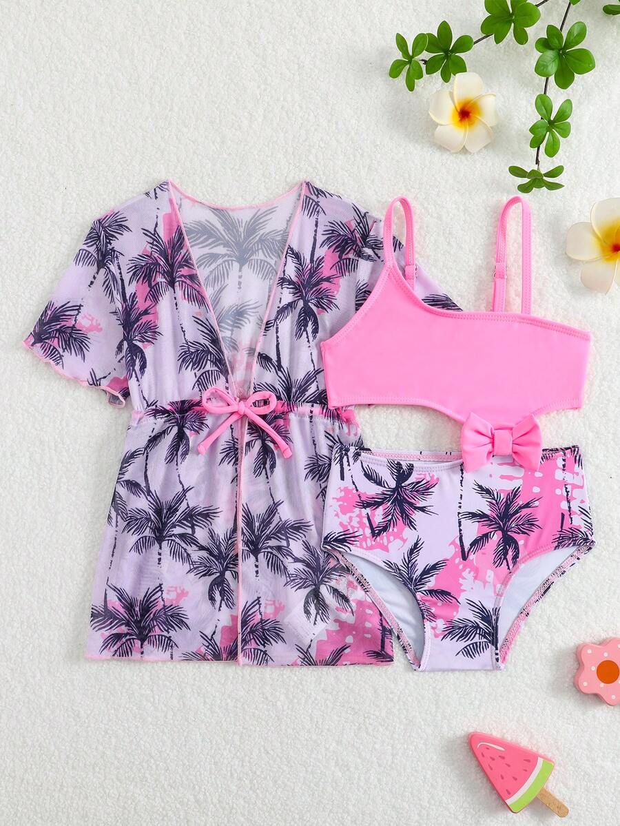 Summer Beach Outfit For Little Girls With Palm Print Swimsuit And Cover Up