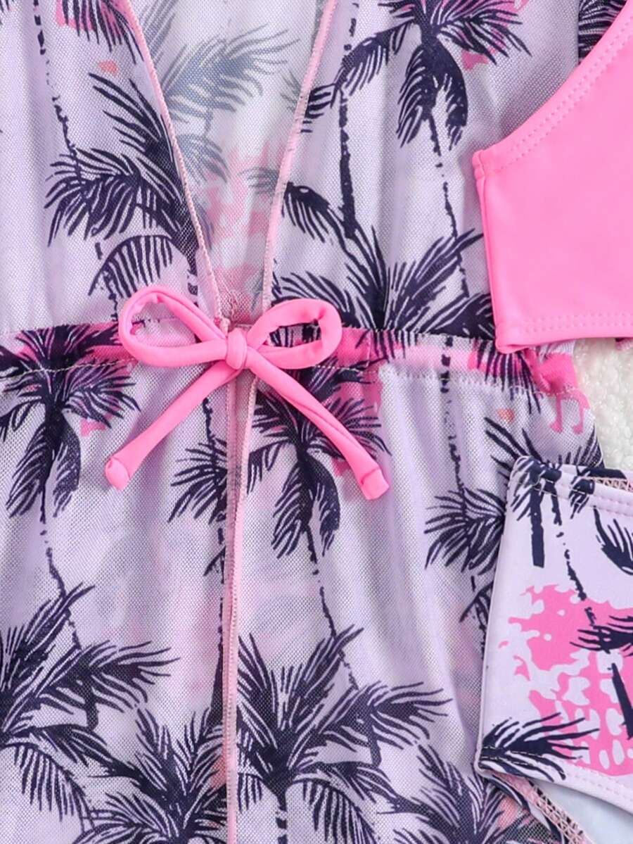 Summer Beach Outfit For Little Girls With Palm Print Swimsuit And Cover Up