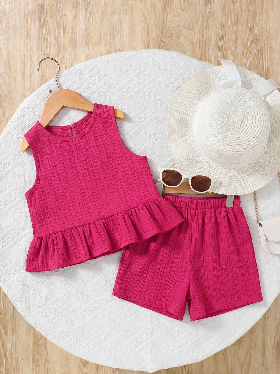 Plaid Bow Decor Outfit Set For Baby Girls Cute Ruffle Hem Summer Wear
