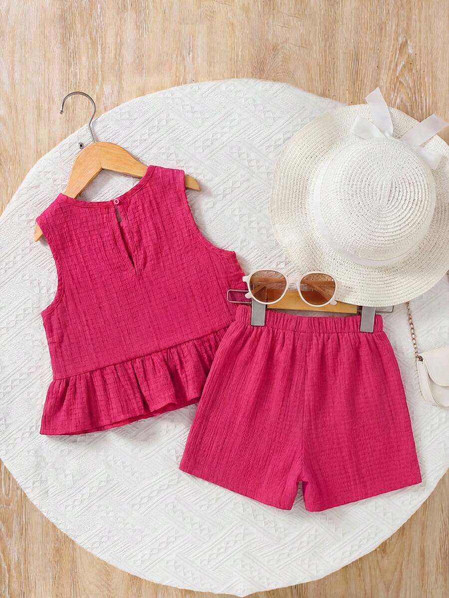 Plaid Bow Decor Outfit Set For Baby Girls Cute Ruffle Hem Summer Wear
