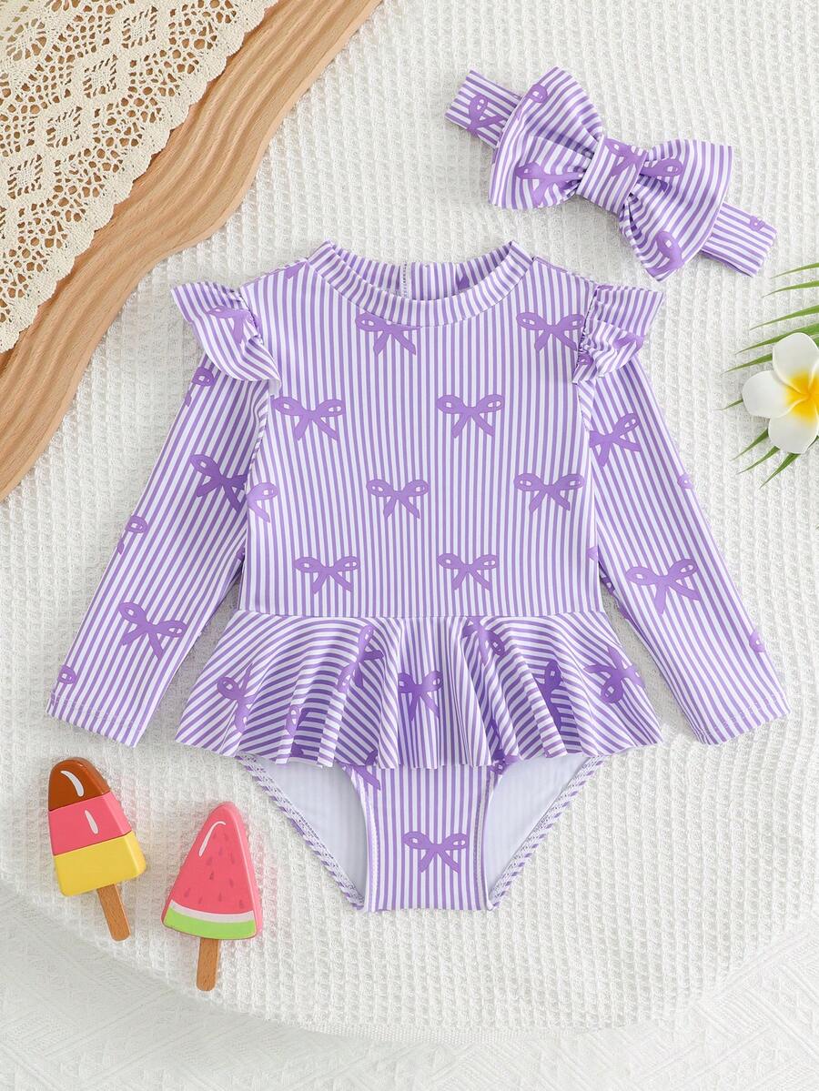 Little Girls Floral Ruffle Swimwear And Matching Headband Summer Vacation Outfit