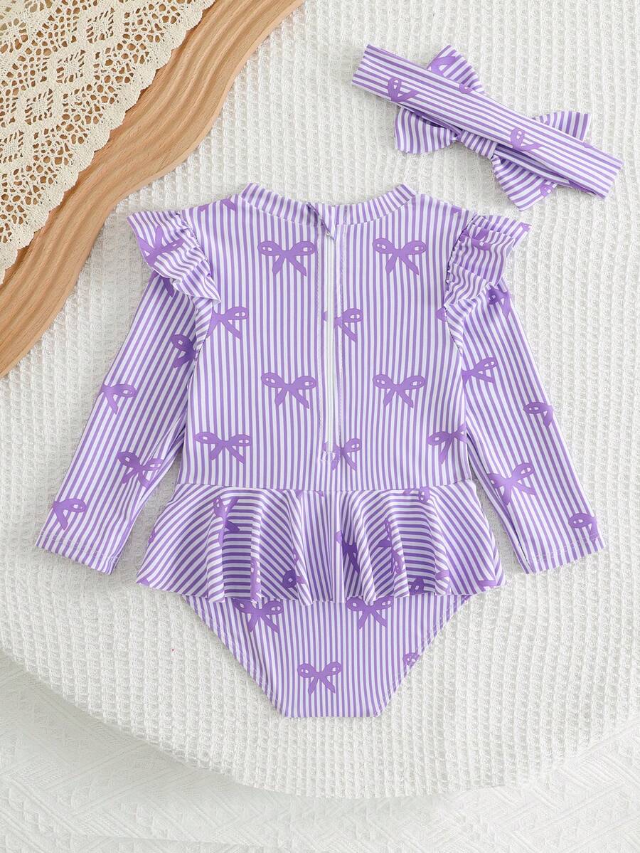 Little Girls Floral Ruffle Swimwear And Matching Headband Summer Vacation Outfit