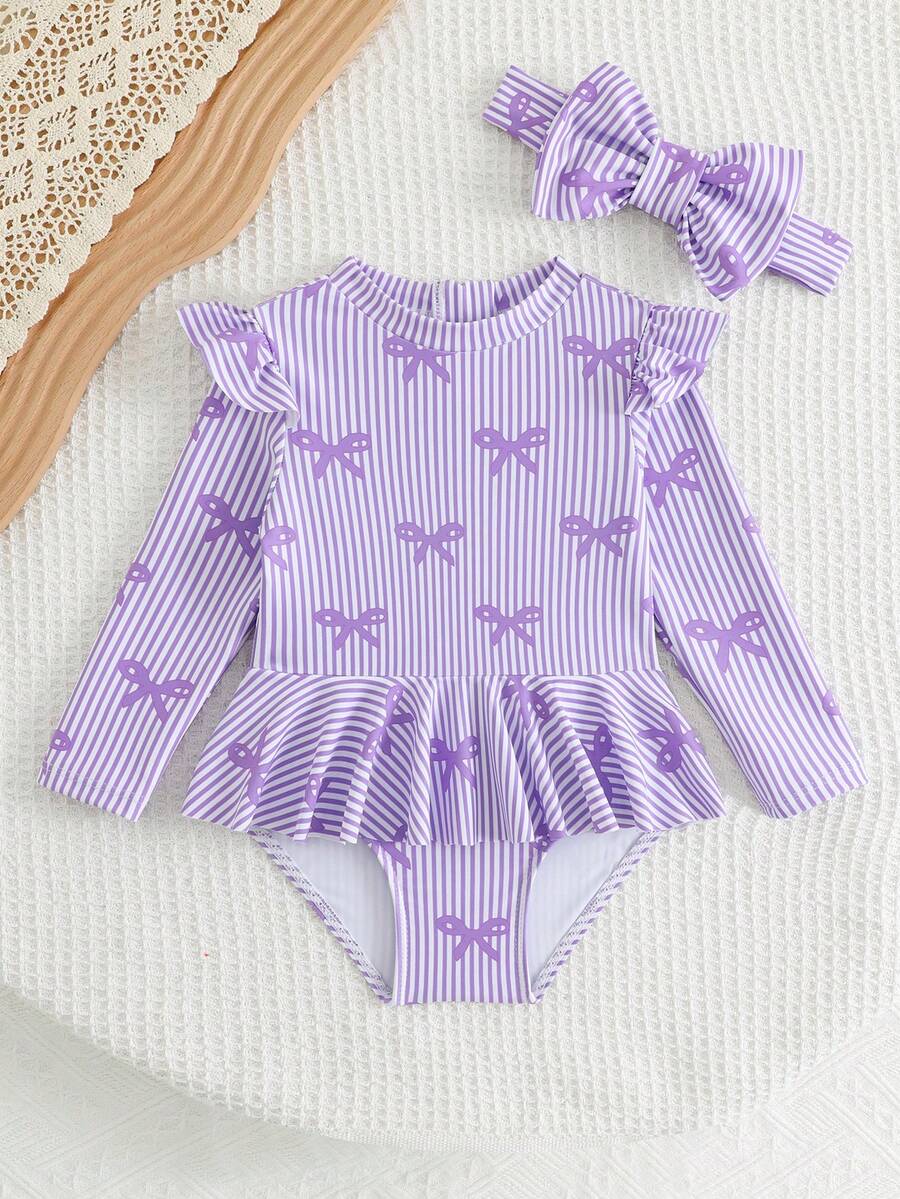 Little Girls Floral Ruffle Swimwear And Matching Headband Summer Vacation Outfit