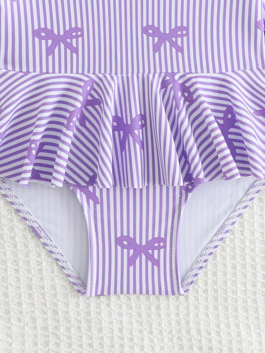 Little Girls Floral Ruffle Swimwear And Matching Headband Summer Vacation Outfit