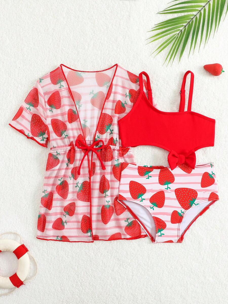 Summer Beach Outfit For Little Girls With Palm Print Swimsuit And Cover Up