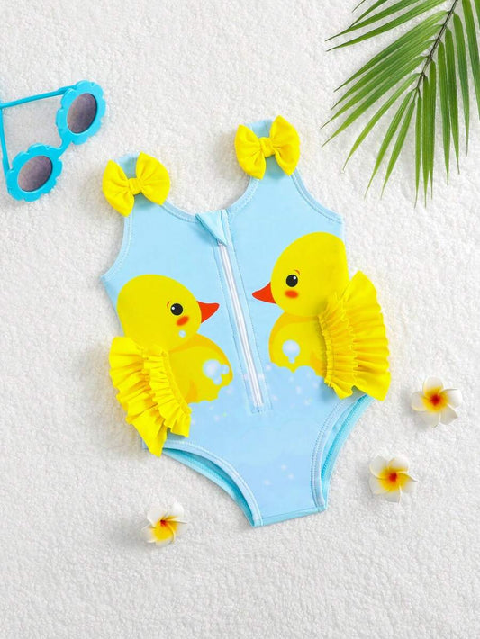 Baby Girl Duck Print Bow One Piece Swimsuit