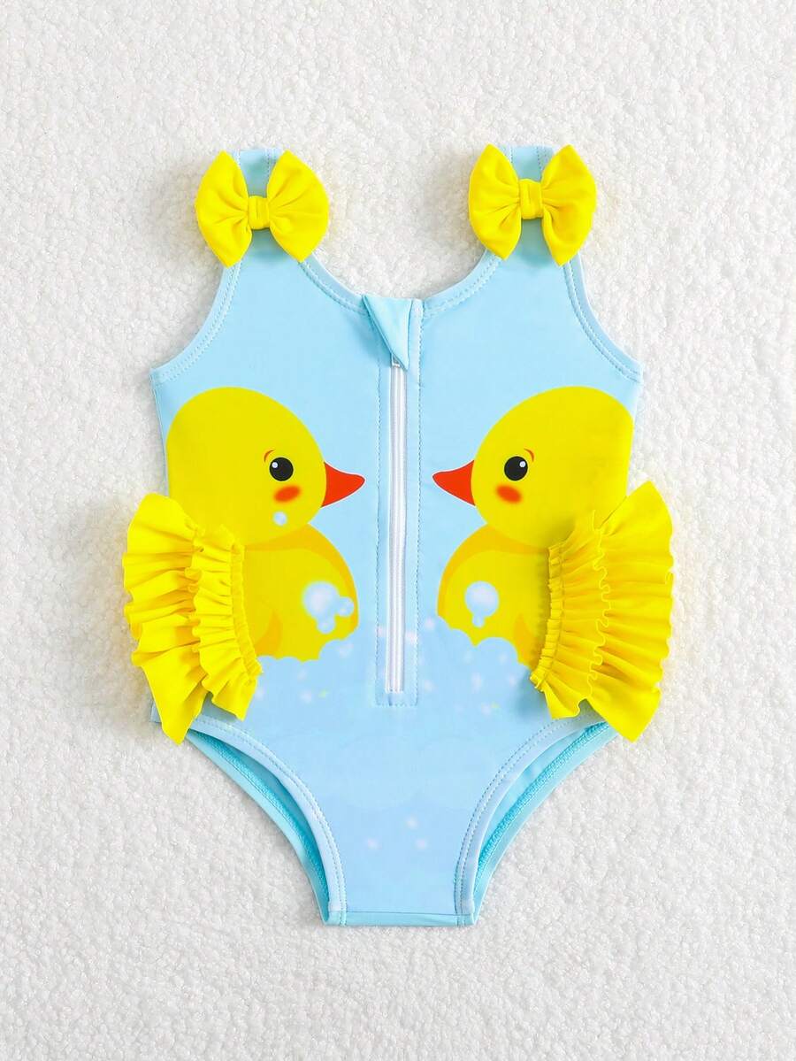 Baby Girl Duck Print Bow One Piece Swimsuit