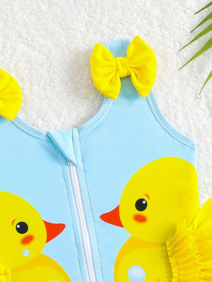 Baby Girl Duck Print Bow One Piece Swimsuit