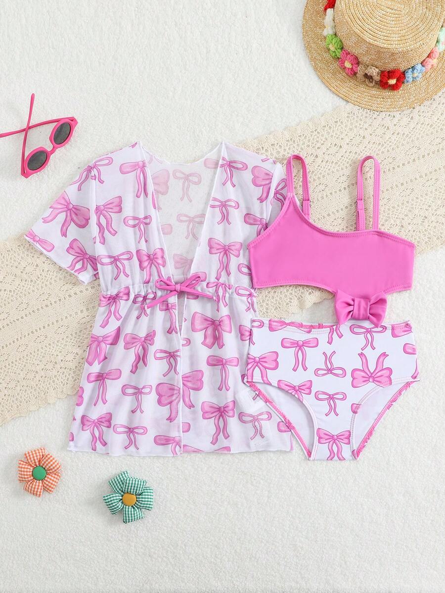 Summer Beach Outfit For Little Girls With Palm Print Swimsuit And Cover Up
