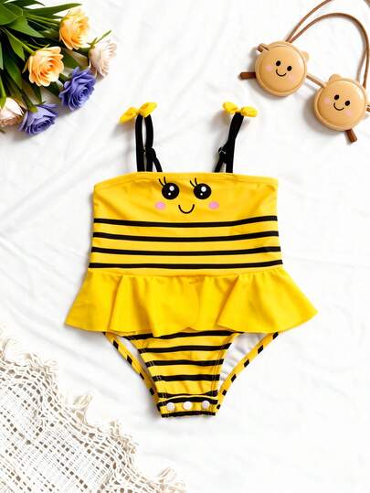 Baby Bee Print Ruffle One-Piece Swimsuit for Summer Beach and Pool Days