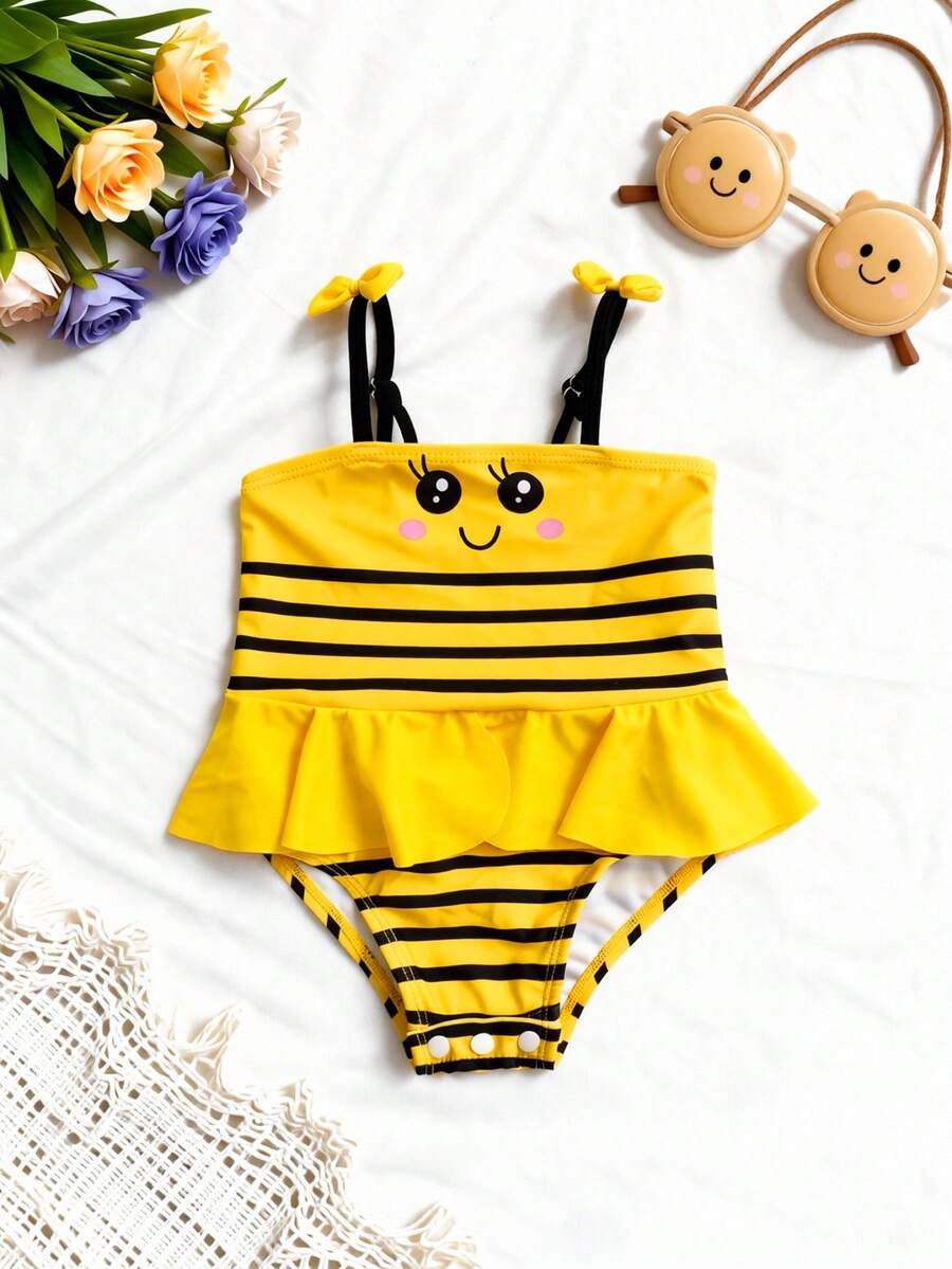 Baby Bee Print Ruffle One-Piece Swimsuit for Summer Beach and Pool Days