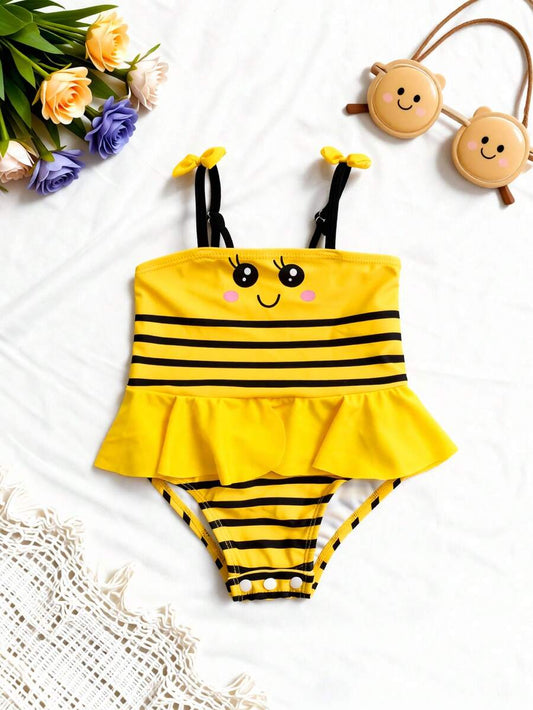 Baby Bee Print Ruffle One-Piece Swimsuit for Summer Beach and Pool Days