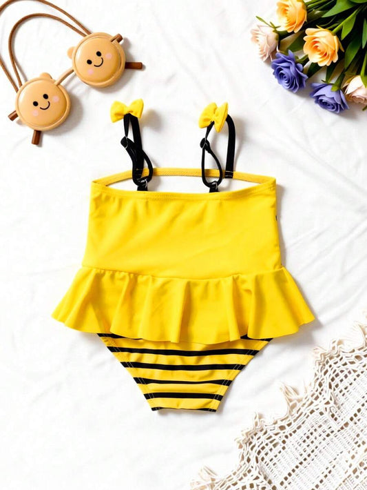Baby Bee Print Ruffle One-Piece Swimsuit for Summer Beach and Pool Days