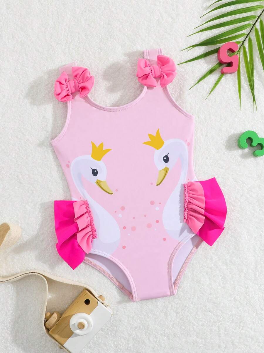 Baby Girls Cartoon Graphic One Piece Swimsuit With Bow Front And Ruffle Trim