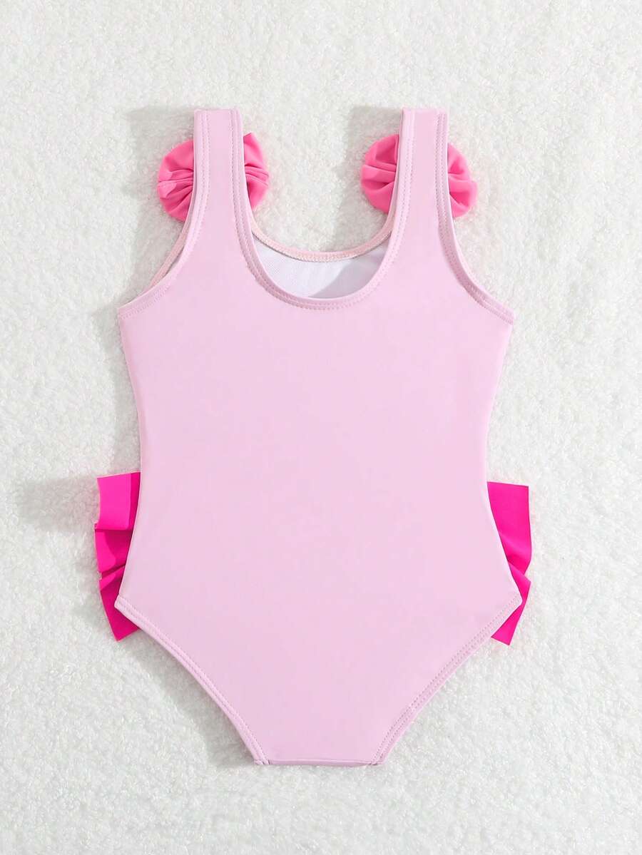 Baby Girls Cartoon Graphic One Piece Swimsuit With Bow Front And Ruffle Trim