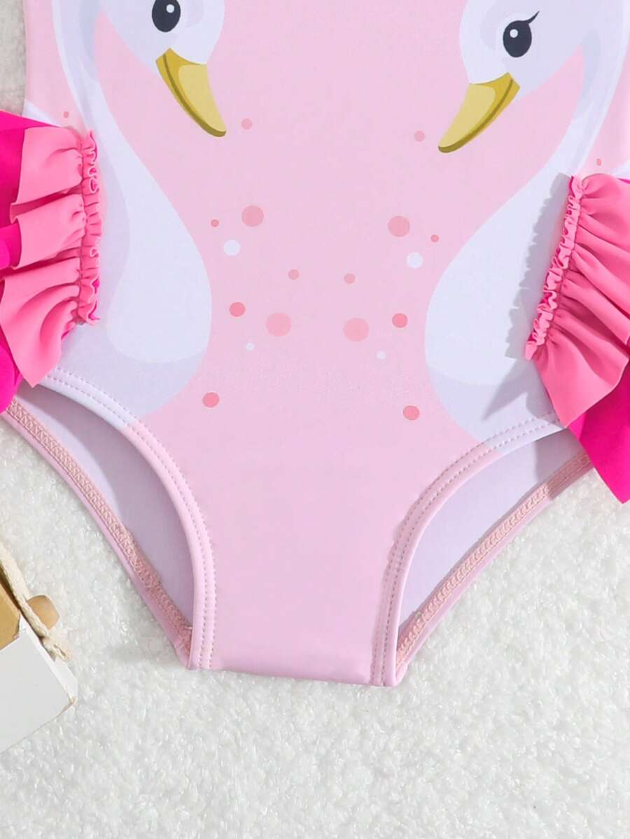 Baby Girls Cartoon Graphic One Piece Swimsuit With Bow Front And Ruffle Trim