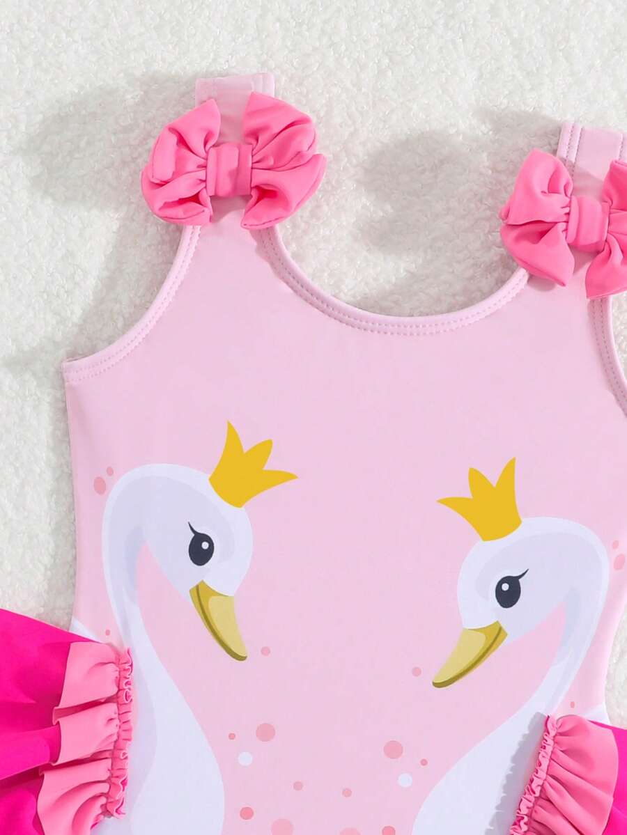 Baby Girls Cartoon Graphic One Piece Swimsuit With Bow Front And Ruffle Trim