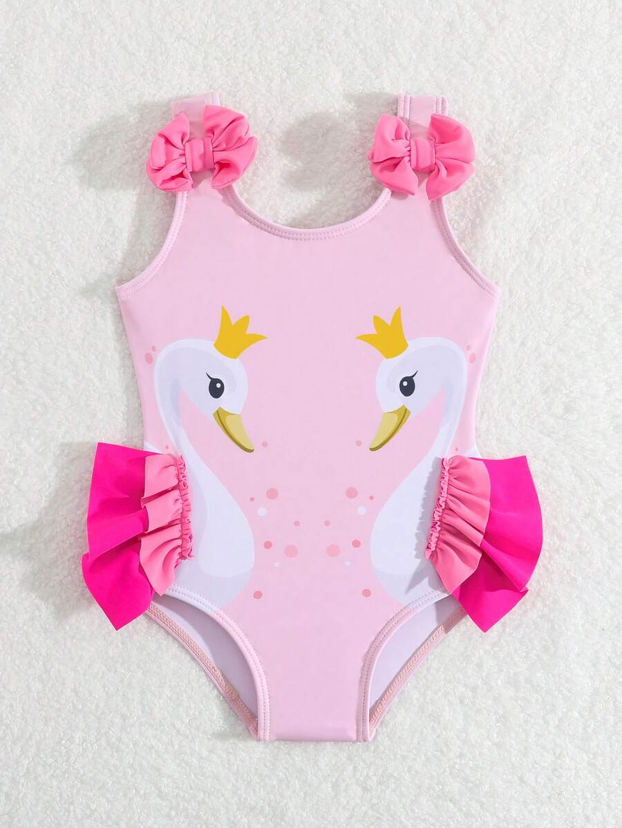 Baby Girls Cartoon Graphic One Piece Swimsuit With Bow Front And Ruffle Trim