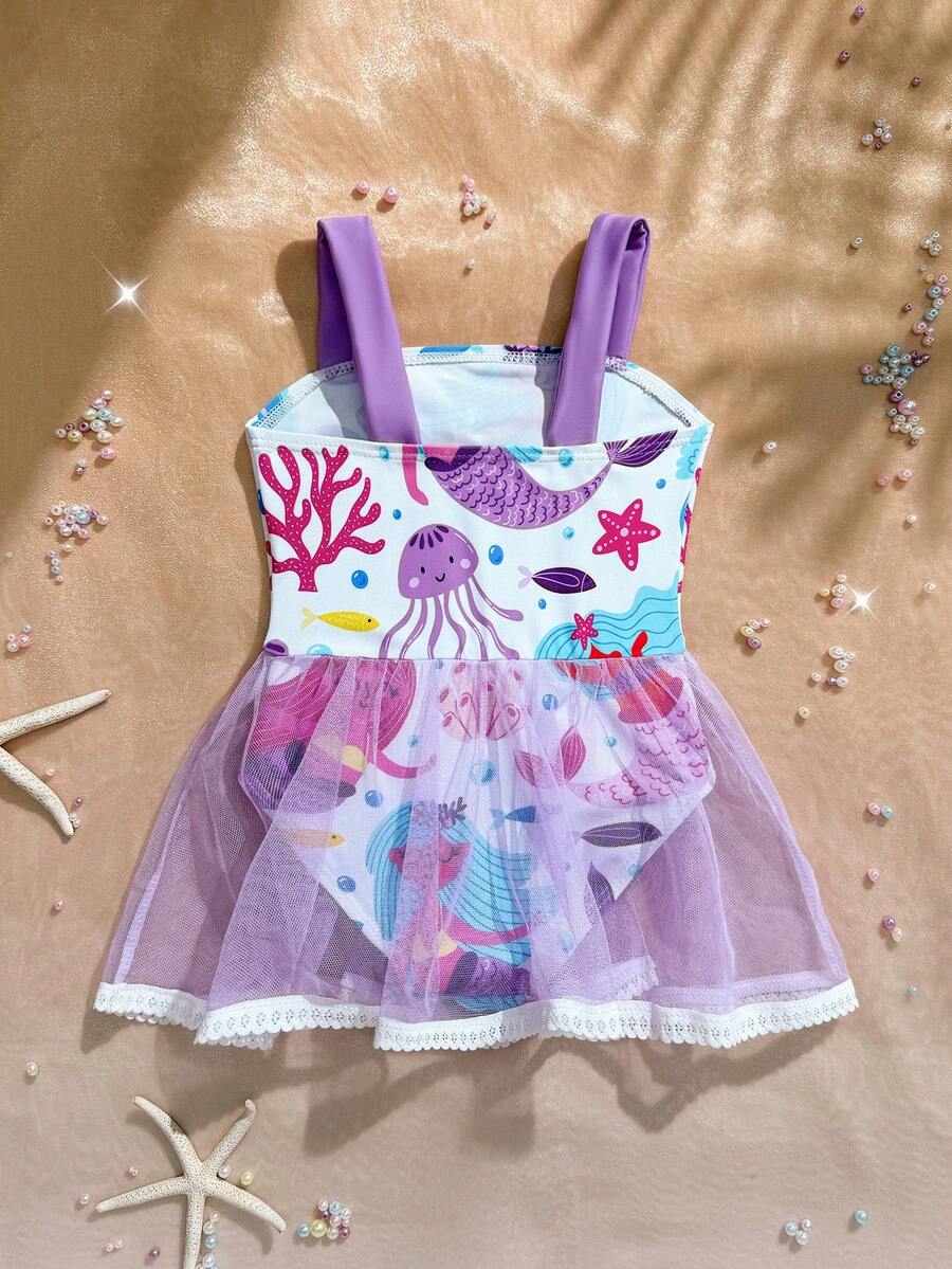Baby Girls Mermaid Fish Scale One Piece Swimsuit Cute Ocean Princess Beachwear