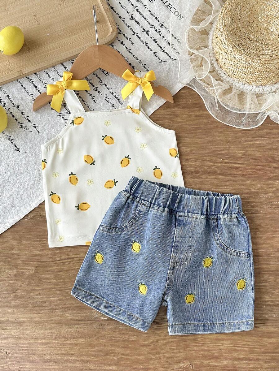 Cute Strap Vest And Shorts Set For Little Girls Cherry Print Clothing