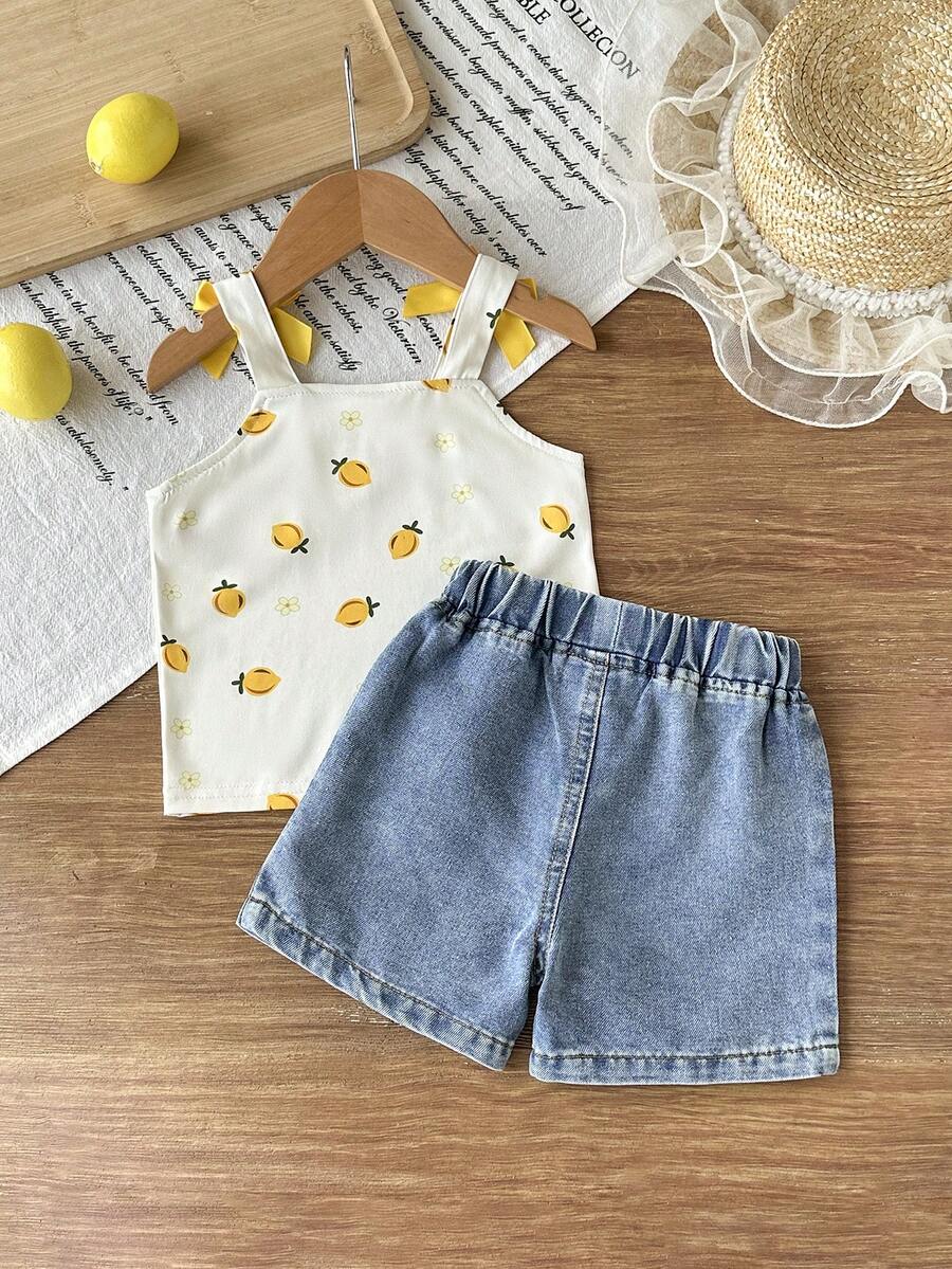 Cute Strap Vest And Shorts Set For Little Girls Cherry Print Clothing