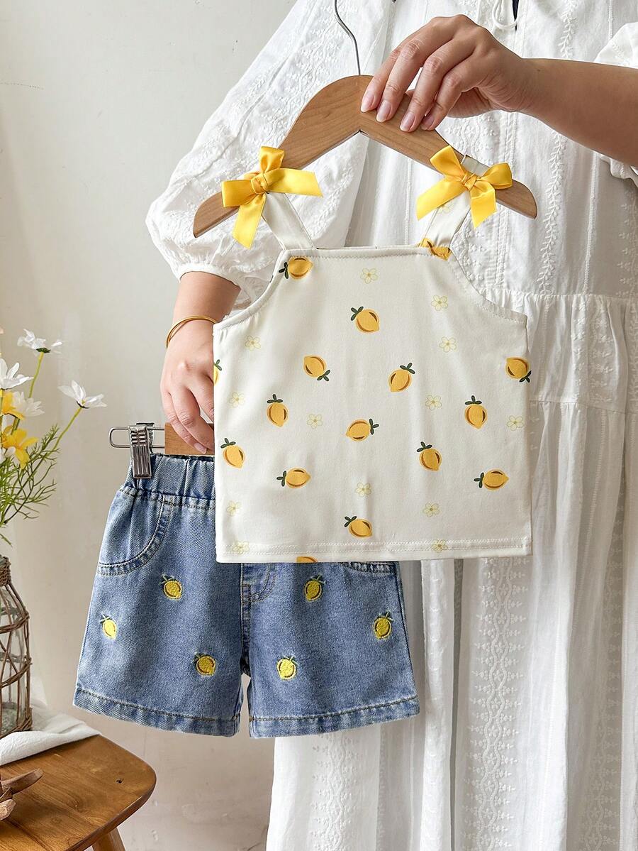 Cute Strap Vest And Shorts Set For Little Girls Cherry Print Clothing