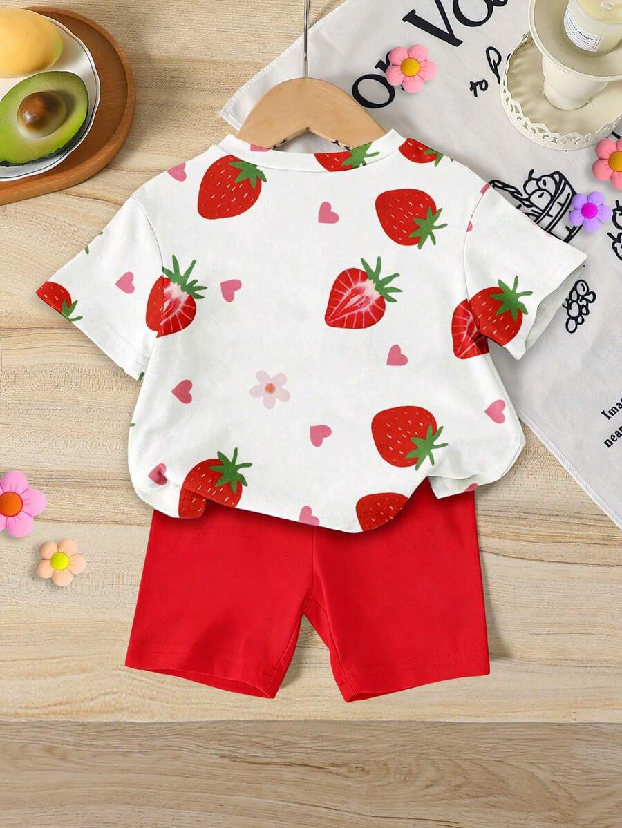 Sweet Strawberry Print T Shirt And Shorts Set For Toddler Girls