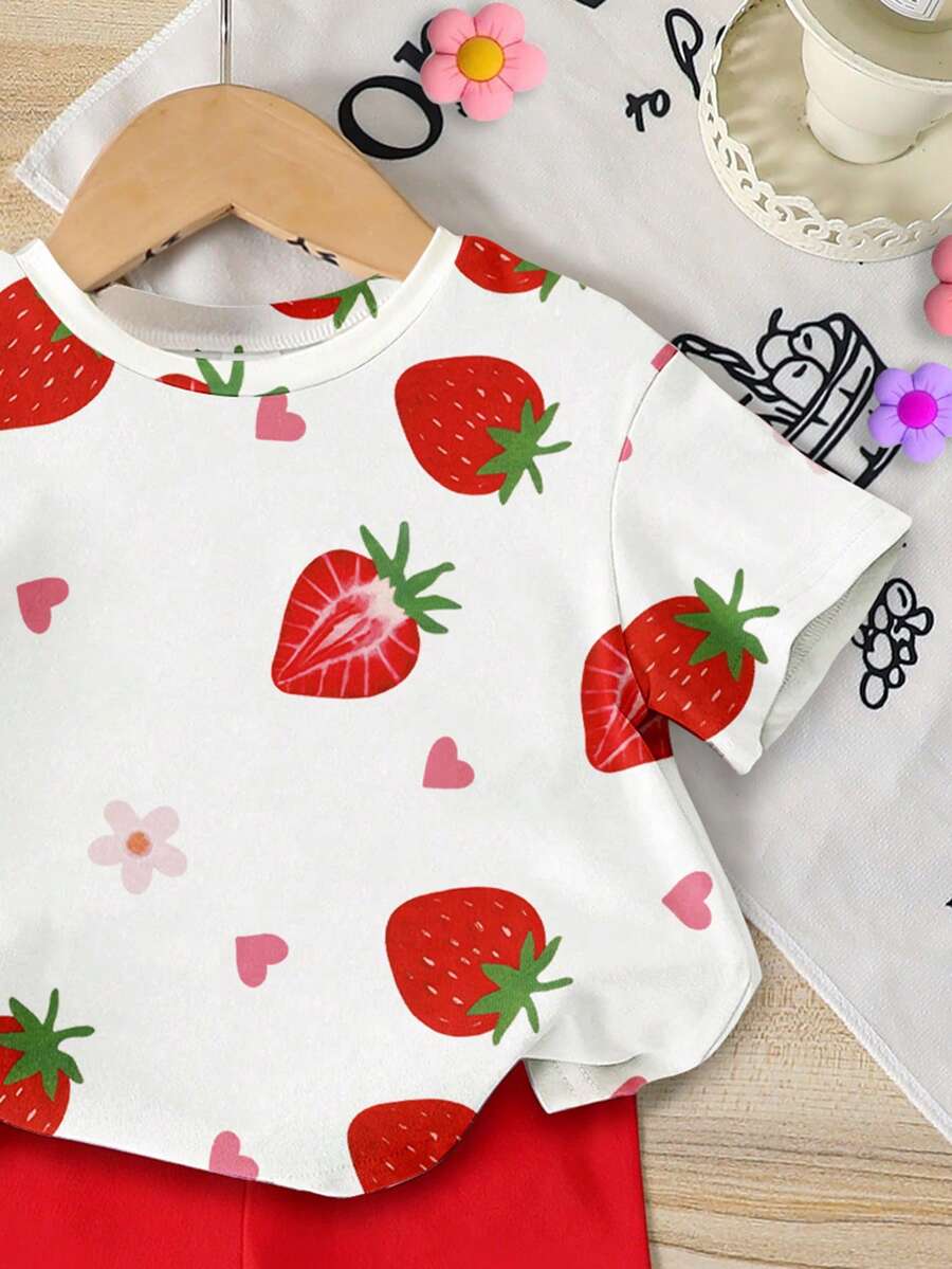 Sweet Strawberry Print T Shirt And Shorts Set For Toddler Girls