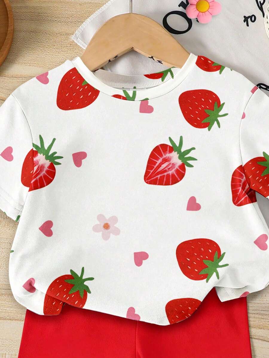 Sweet Strawberry Print T Shirt And Shorts Set For Toddler Girls