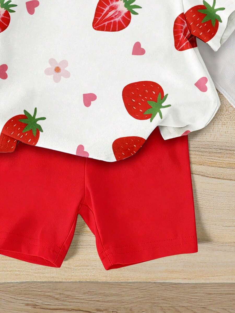 Sweet Strawberry Print T Shirt And Shorts Set For Toddler Girls