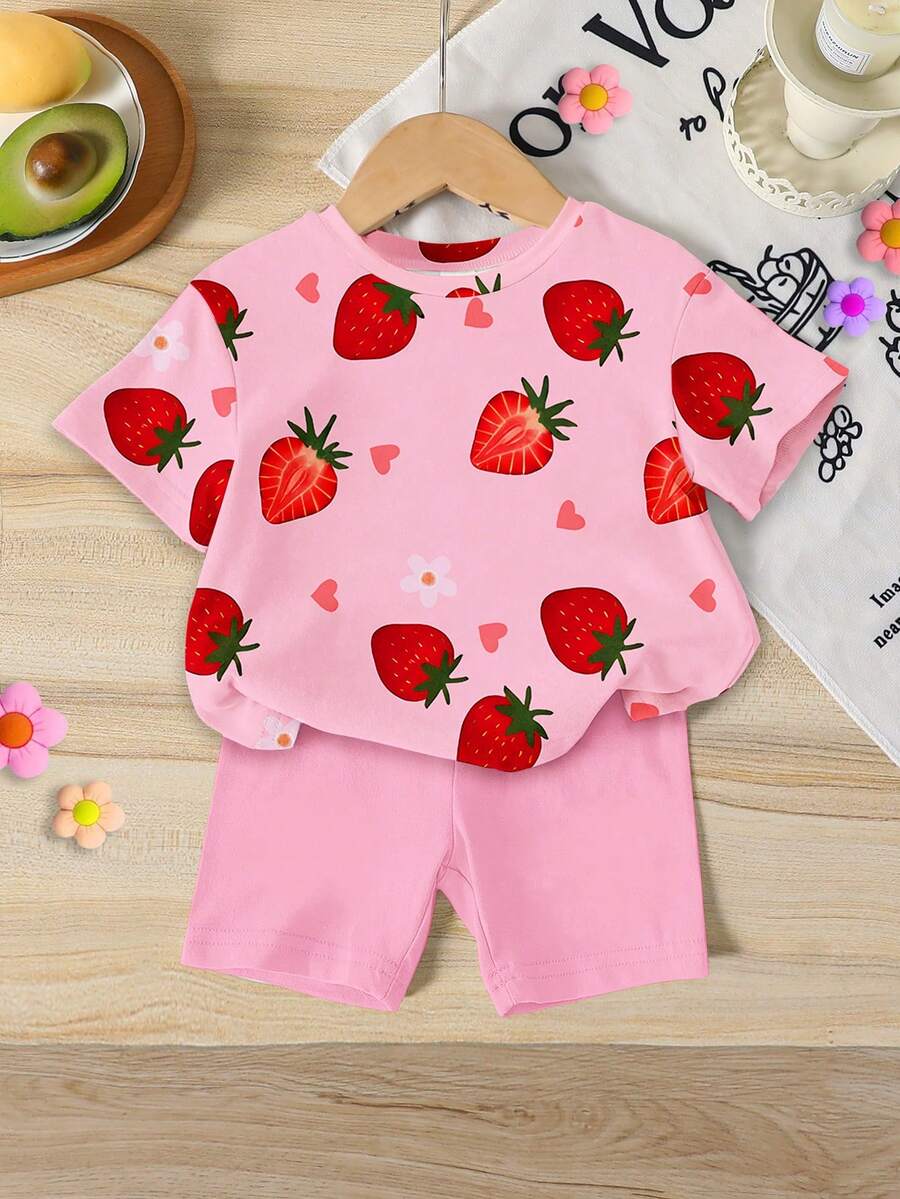 Sweet Strawberry Print T Shirt And Shorts Set For Toddler Girls