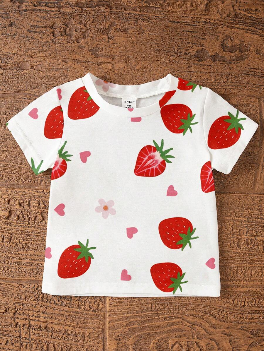 Sweet Strawberry Print T Shirt And Shorts Set For Toddler Girls