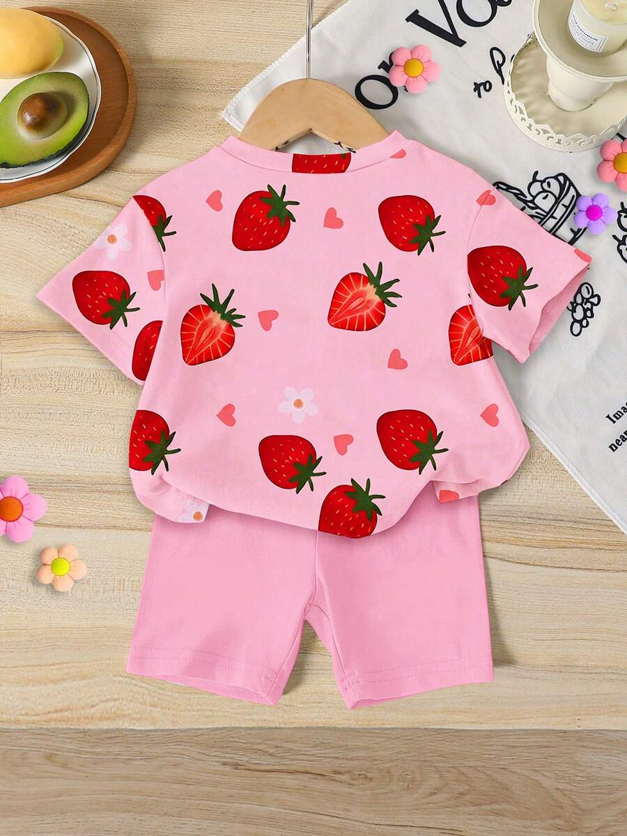 Sweet Strawberry Print T Shirt And Shorts Set For Toddler Girls