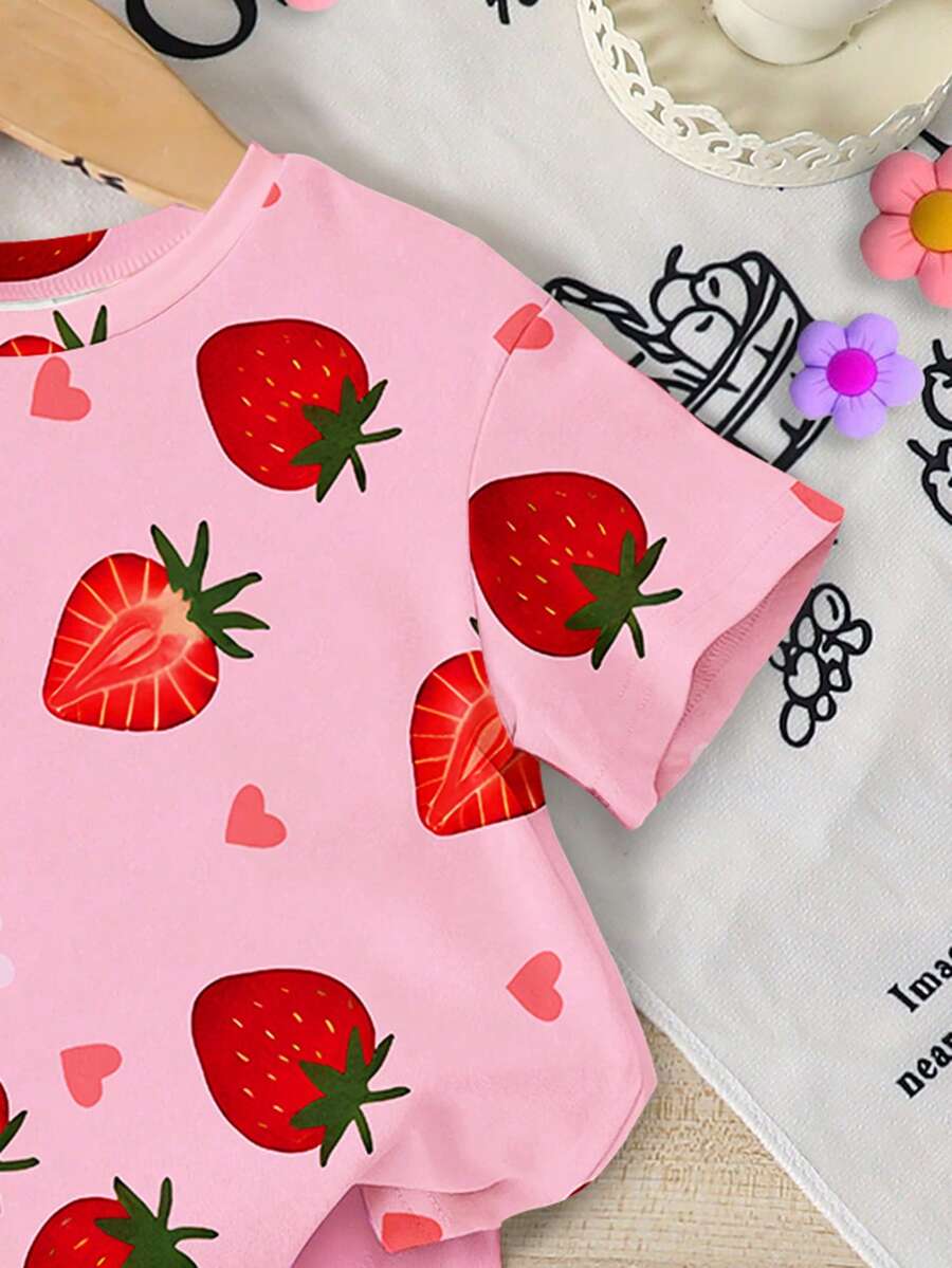 Sweet Strawberry Print T Shirt And Shorts Set For Toddler Girls