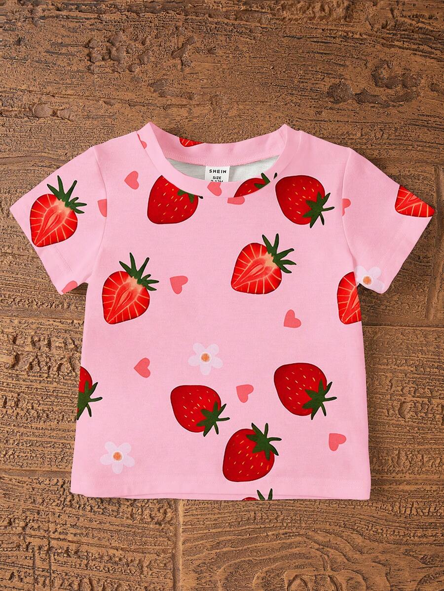 Sweet Strawberry Print T Shirt And Shorts Set For Toddler Girls