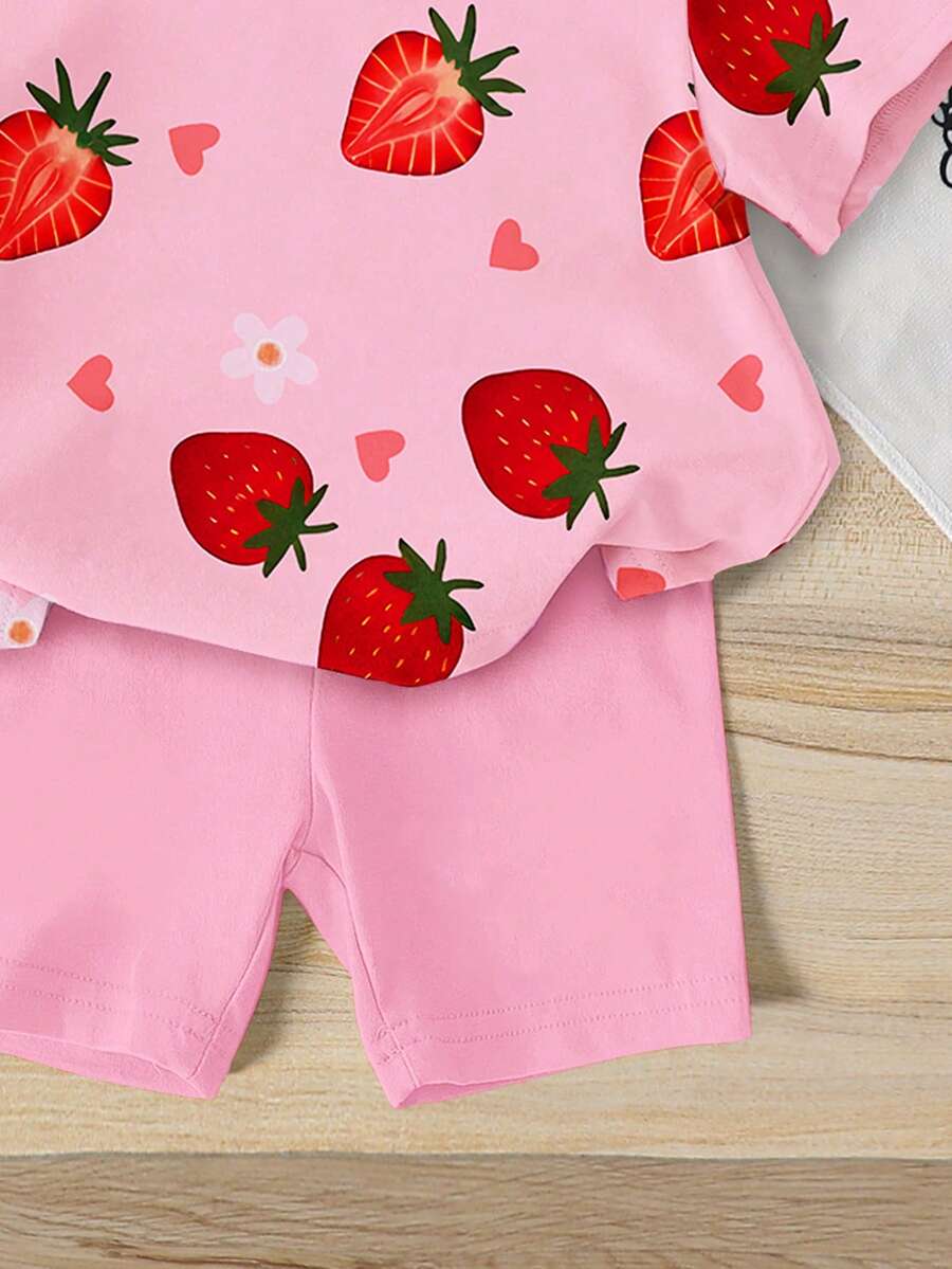 Sweet Strawberry Print T Shirt And Shorts Set For Toddler Girls