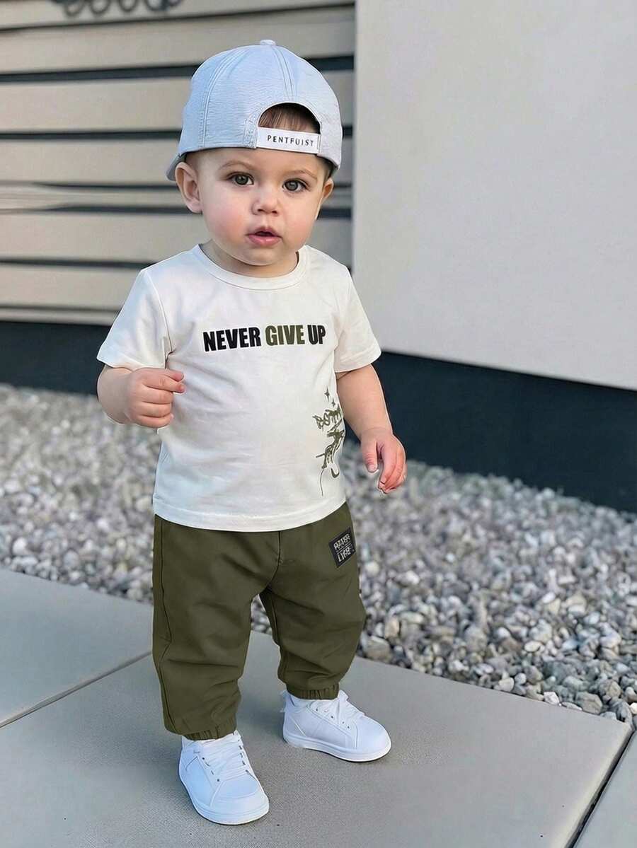 Baby Boy Letter Print T Shirt and Large Pocket Pants 2 Piece Casual Outfit Set for Spring Summer Autumn