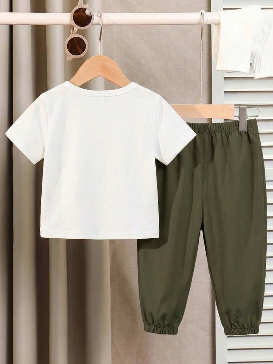 Baby Boy Letter Print T Shirt and Large Pocket Pants 2 Piece Casual Outfit Set for Spring Summer Autumn