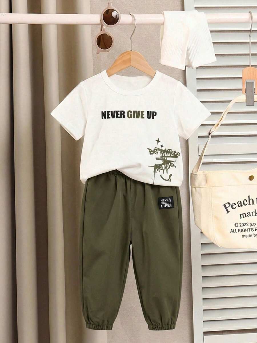 Baby Boy Letter Print T Shirt and Large Pocket Pants 2 Piece Casual Outfit Set for Spring Summer Autumn