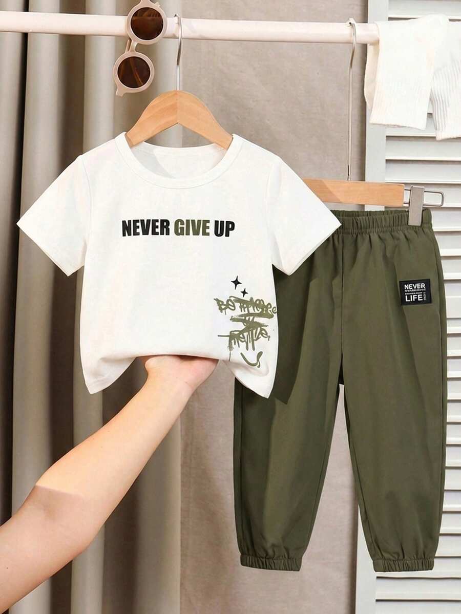Baby Boy Letter Print T Shirt and Large Pocket Pants 2 Piece Casual Outfit Set for Spring Summer Autumn