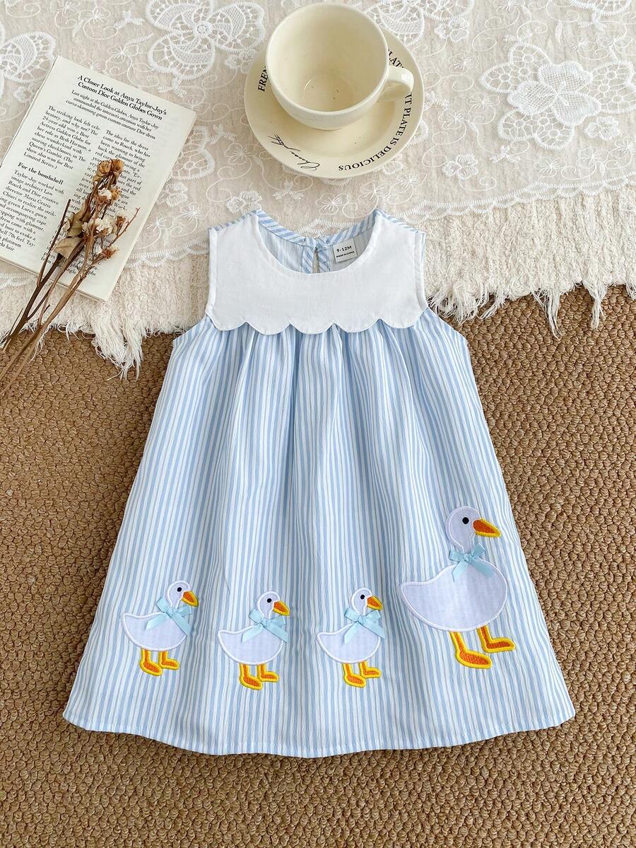 Sleeveless Long Dress with Embroidered Cartoon Duck for Toddler Girls
